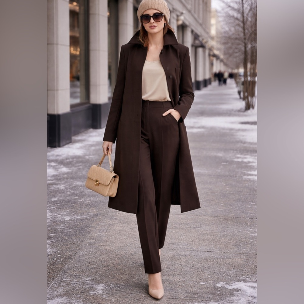 3-piece Henri Bendel 90’ Wool LONGLINE CLASSIC COAT suit set Espresso women 14